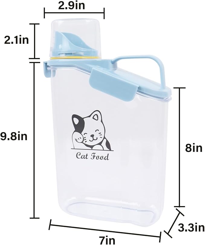 Airtight Dog & Cat Food Container - Measuring Cup/Pour Spout - Portable, Transparent - Blue