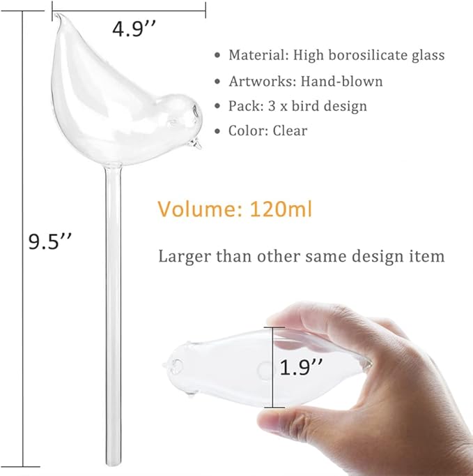 Glass Plant Watering Globes, Self Watering Globes Bird Shape, Self Watering Planter Insert, Plant Watering Devices, Automatic Plant Waterer Indoor, Watering Bulbs, 3 Pack