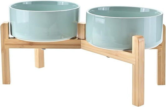 SPUNKYJUNKY Elevated Dog Bowls Ceramic, 7.3'' Dogs Food Water Bowls Raised with Non-Slip Bamboo Stand for Medium to Large Sized Breed Microwave Dishwasher Safe - 42 OZ,Light Green