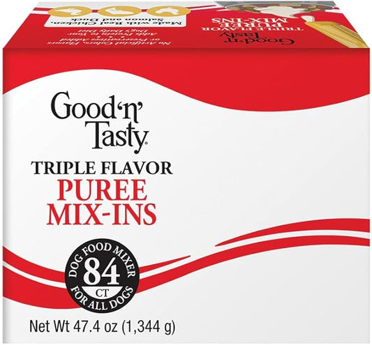 Good 'n' Tasty Triple Flavor Puree Mix-Ins Variety Pack Dog Food Topper Treats for All Dogs, 84 Count, Easy Single-Serve Portions, Added Protein with Chicken, Salmon, Duck, Beef and Rabbit