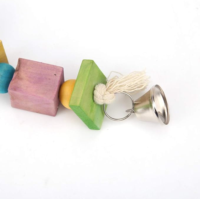 Parrot Hanging Chew Toy Bird Bite Swing with Colorful Wood Beads Bells for Parrot Macaw African Greys Cockatiels Cage Accessories (Hanging with Bell Toy)
