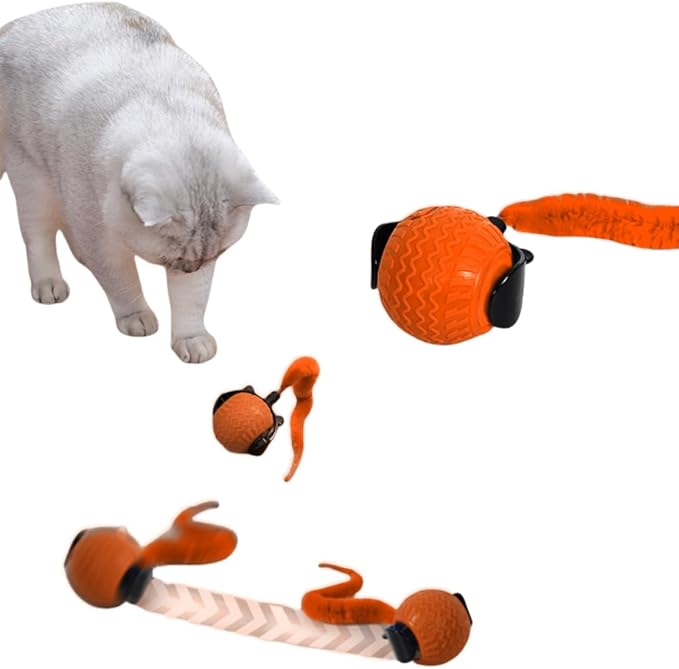 Interactive Cat Toys with Tail Rechargeable Cat Ball Toy with 3 Model Automatic Moving Balls Electric Fast Rolling Toy for Lazy Cats (Red)