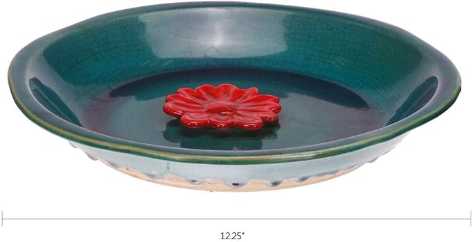DUSVALLY Vintage Round Bird Bath Ceramic Birdbath Bowl Decor for Bird Bee Bath for Outdoor Patio Garden Backyard Yard,12.25 inch Blue with Red Flower