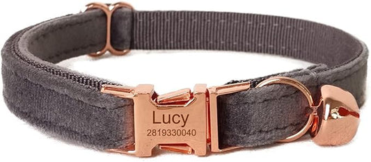 Cat Collar Personalized with Name Engraved and Bell, Customized Velvet Collars for Puppy Kittens (Grey, S)