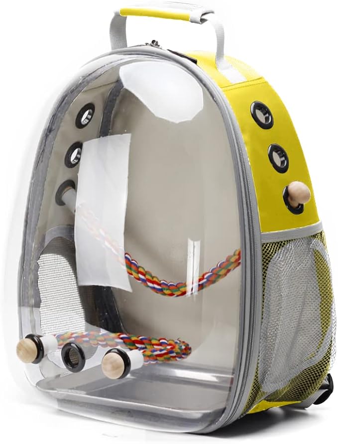 Bird Traval Carrier Cage, Clear Space Capsule Astronaut Backpack to Carry Parakeet Cockatiel Parrot with Metal Tray Wood Perch, Vet Transport School Bag