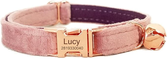 Cat Collar Personalized with Name Engraved and Bell, Customized Velvet Collars for Puppy Kittens (Pink, S)