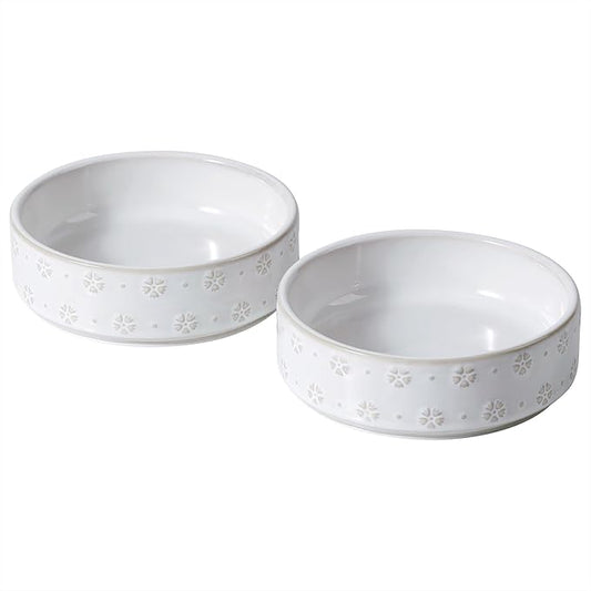 6.1inch Ceramic Set of 2 Dog and Cat Bowls, Food and Water Bowls for Toy Breed Dogs, Kitty, 2pcs Pet Dishes, Cat Feeder(2Dishes, White with Snowflake Pattern)