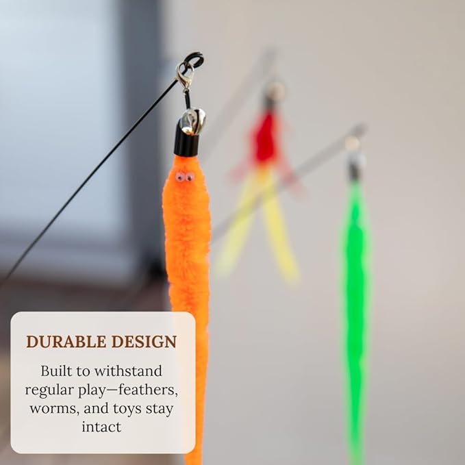 Cat Toys Set Cat Fishing Pole Retractable Wand Suction Cup & Hanging Teaser Wand for Indoor Cats & Kittens Feather Attachments Ribbon