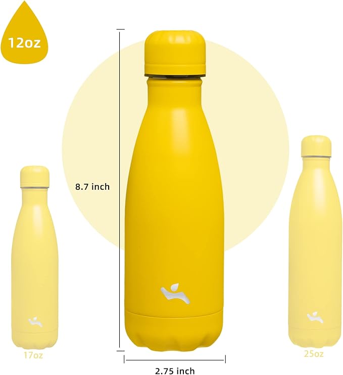 Insulated Water Bottles,12 oz Double Wall Stainless Steel Vacumm Metal Flask for Sports Travel,Yellow