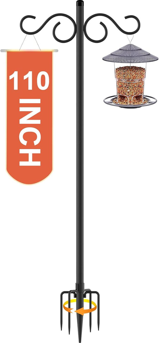 Double Shepherds Hooks for Outdoor,1 Pack 110 Inch Bird Feeder Pole With 5 Prongs Base,Heavy Duty Shepherds Hook,Suitable For Garden in Hanging Flower Basket,Lantern,Bird Nests(1 Pack 110 inch)