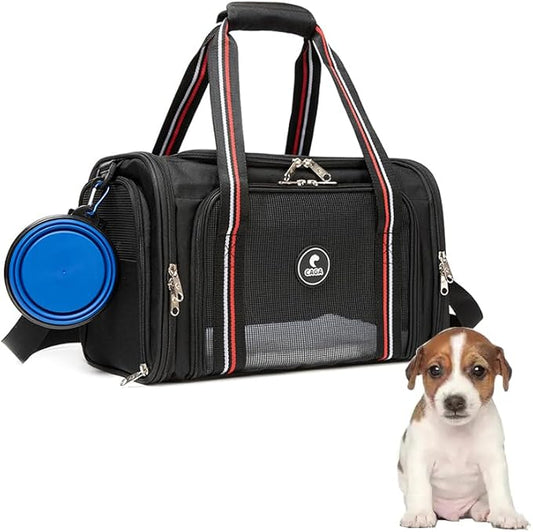 CAGA Soft-Sided Pet Carrier - Ventilated Foldable & Collapsible Under Seat Travel Kennel with Pockets for Small to Medium Dogs & Cats up to 15 lbs (Black)