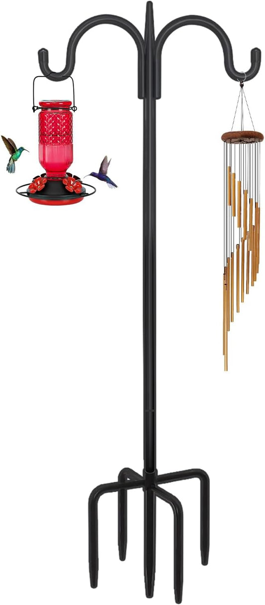 FEED GARDEN Adjustable Double Shepherds Hook for Outdoor with 5 Prong Base 92 Inch Heavy Duty Two Sided Bird Feeder Pole for Hanging Plant Baskets, Solar Light Lanterns, Wind Chimes