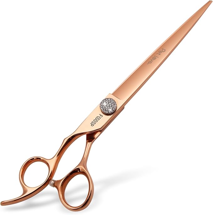 8'' Professional Left Handed Dog Grooming Scissors Straight Long Large Grooming Shears for Dogs Pet Rose Gold Titanium Japan 440C Lefty Hand Dog Hair Cutting Scissors for Poodle(8,Straight)