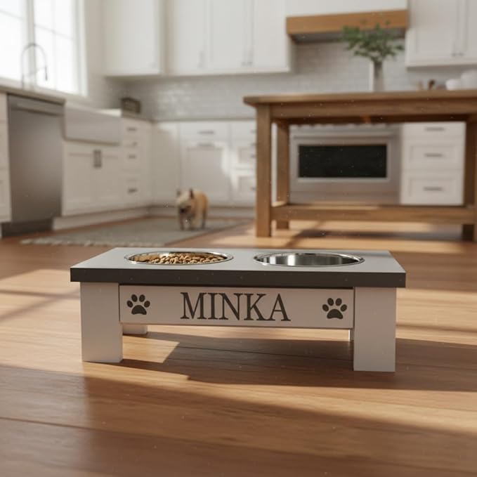 GrooveThis Woodshop Luxury Pet Feeder - Elevated Stand with Stainless Steel Bowls for Small Dogs & Cats, Anti-Slip, Easy Clean, Chic & Durable Design (X-Small, Grey)