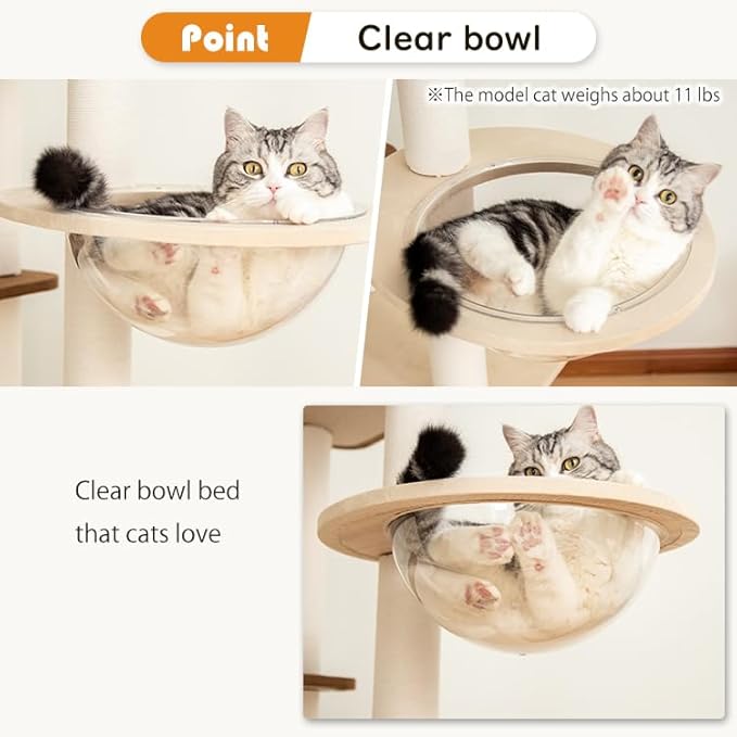 Wooden Cat Tower for Large Cats, 63’‘ Modern Multi-Level Condo with Natural Wood, Indoor Cat Furniture for Medium and Big Pets (White 81007DD)