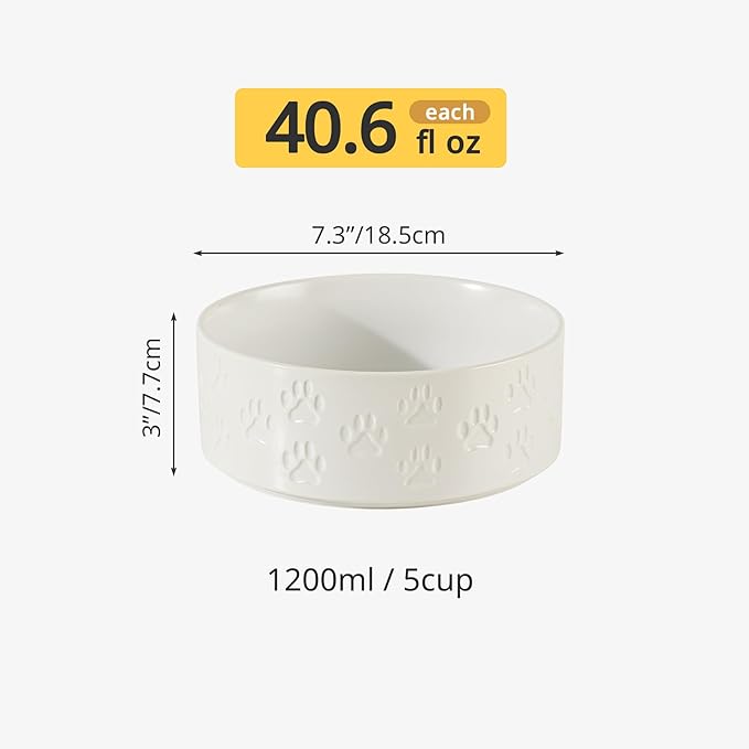 Ceramic Dog Bowl Set, 7.3" Dog Bowls with Anti-Slip Rings for Medium Breed Dogs, 5 Cup Food and Water Bowls, Pet Dishes for Medium-Sized Dogs, Microwave Safe (Double Bowls - White, 7.3 inch)