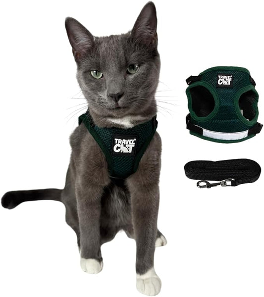 Travel Cat The Emerald Explorer Limited Edition Green Harness and Leash Set - Adjustable Fit Mesh Cat Harness with Reflective Strap - Escape Proof Harness for Cats, Kitten (Emerald, Small)