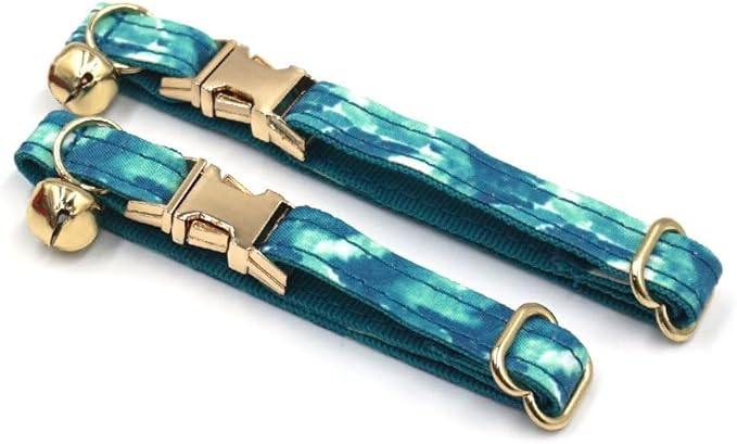 Personalized Cat Collar with Bells,Velvet Customized Small Cat Collar with Name Tag,Pet Collar with Name Phone Number Engraved ID Tags for Boy and Girl Kitten Cats (Green Water Wave)