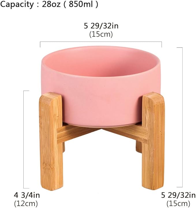 Pink Ceramic Elevated Raised Cat Bowl with Wood Stand No Spill Pet Food Water Feeder Cats Small Dogs