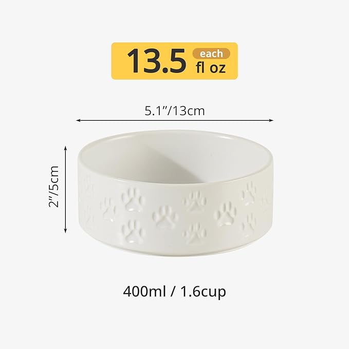 Ceramic Dog Bowl Set, 5.1" Dog Bowls with Anti-Slip Rings for Toy Breed Dogs, 1.6 Cup Food and Water Bowls for Small-Breed Puppy, Adult Cat, Microwave Safe (Double Bowls - White, 5.1 inch)