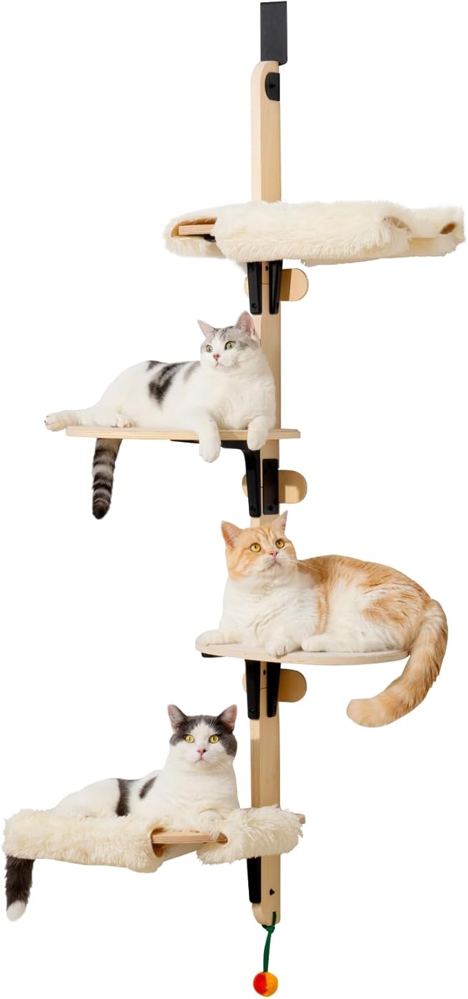 MEWOOFUN Cat Climbing Shelves Tree, 4-Levels Over Door Cat Climber for Jumping, Stable Cat Stairs Hammock for Kittens & Adult Cats (Wooden-65 H x 26.8” L x 13.8” W)