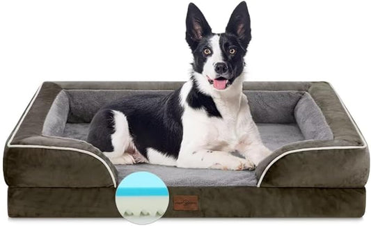 Comfort Expression Orthopedic Memory Foam Dog Beds, Waterproof Dog Beds Large Sized, Washable Dogs Beds with Removable Cover, Pet Sofa Couch with Bolster(Large,Olive Green)
