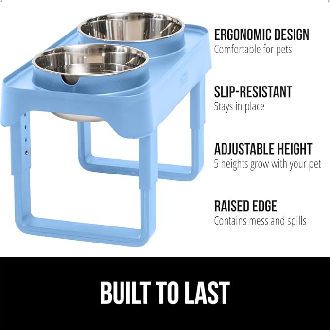 GORILLA GRIP Elevated Dog Bowls Stand, 6 Cup Stainless Steel Food Bowl Set of 2, 5 Height Adjustable Raised Feeding Station for Small Breed Puppy Dogs and Cats, Medium, Large Sized Pets Feeder, Blue