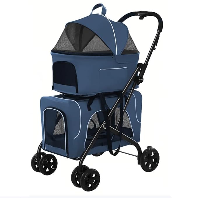Pet Stroller with 2 Detachable Carriers, Folding Design, Large Capacity for Cats and Small Dogs, Navy, Medium