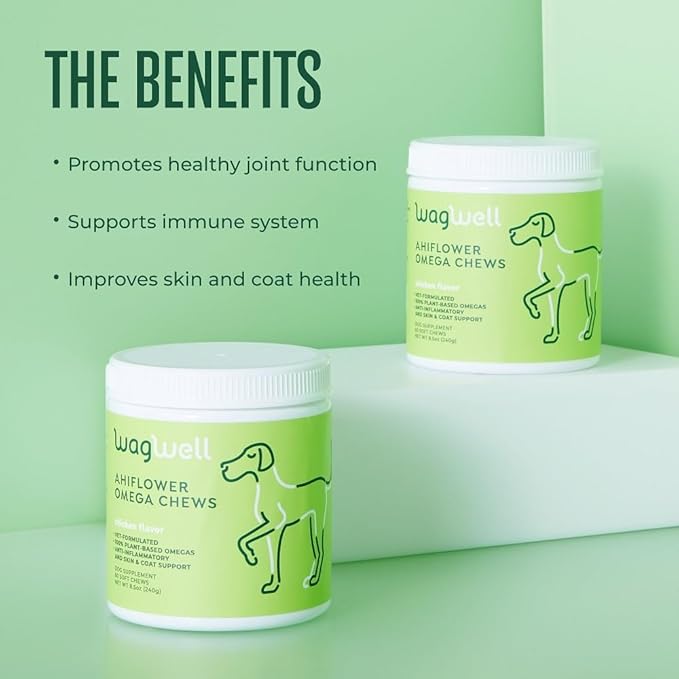 WagWell Ahiflower Omega Oil Dog Chews - Vet-Formulated Skin, Coat, Hip and Joint - Plant-Based Omega 3, 6 and 9 Supplement - Natural Chicken-Flavored Dog Omega Oil Bites, 60 Soft Chews