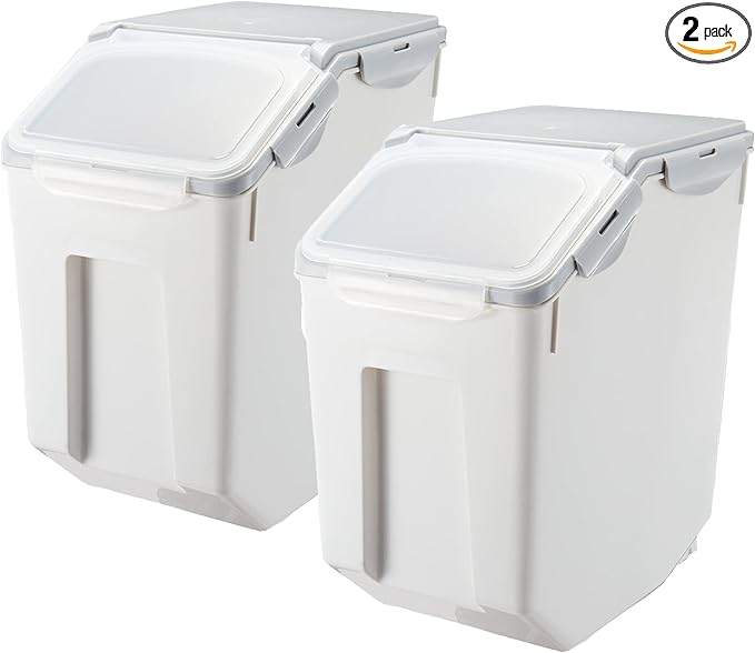 HANAMYA 15 Liter / 30 lbs Rice Storage Container with Measuring Cup, BPA free, For Rice | Grain | Pet Food | Flour, 2 count, White & Gray