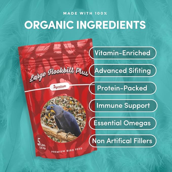 Mycelium Large Hookbil Plus | Clean & Safe Bird Food for Macaws, Cockatoos, Amazons | High in Protein & Fat | Seed Mix with Vitamins, Egg, Corn, Peanuts & Hemp Seed | Organic, Non-GMO 5 lb Bag