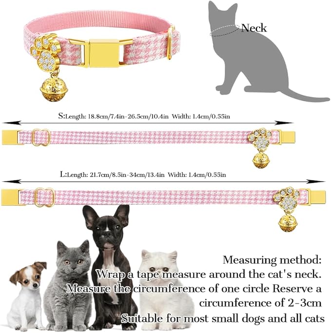 Personalized Breakaway Cat Collars - Magnetic Buckle, Bell - Safety Quick Release, Customized for Girls & Boys Cats- (Houndstooth-Pink)
