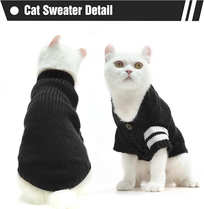 EXPAWLORER Cat Sweater Cardigan - Stylish Knitted Cat Clothes, British Style Soft Puppy Sweater with Sleeve Warm Pet Clothing Knitwear, Fall and Winter Kitten Coat for Girl Boy Cats, Black Medium