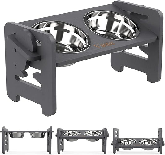 Vantic Elevated Dog Bowls, Adjustable Raised Dog Bowl Stand for Small Puppy and Cats, Sturdy Bamboo Pet Food Feeder with 2 Stainless Steel Dishes, Gray