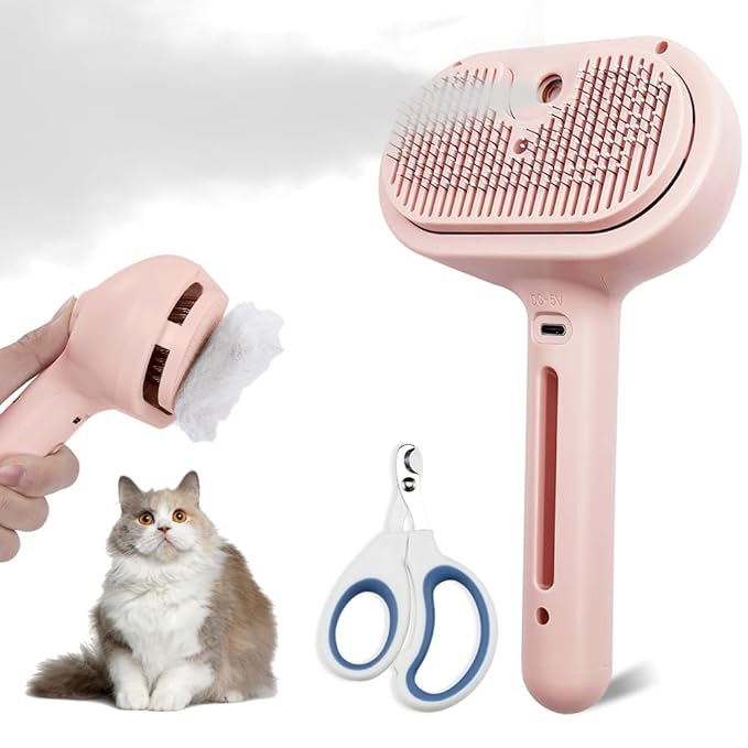 Cat Steam Brush with Release Button, Pet Spray Brushes for Shedding & Grooming, Mist Comb for Pet Long Short Haired, Steamy Brush for Cats Removing Loose Fur and Massage (Pink)