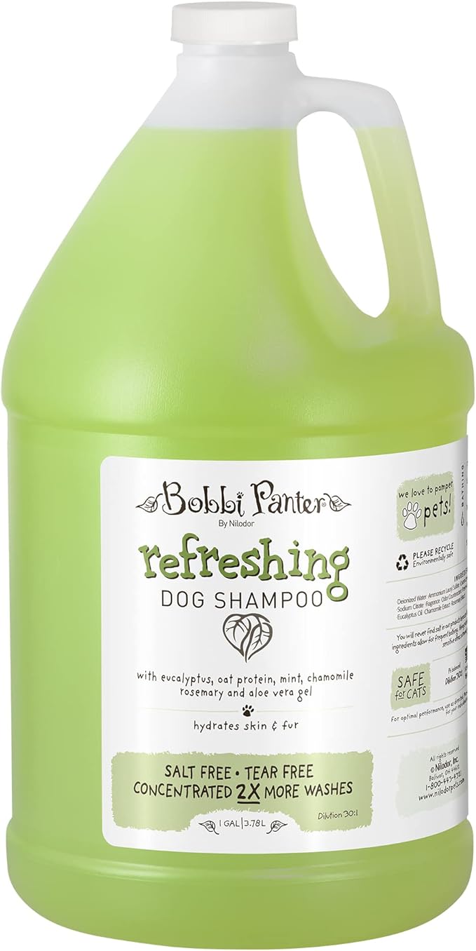 Bobbi Panter Refreshing Dog Shampoo, Hydrates & Soothes Skin & Fur, Minimizes Itching & Dander, Eucalyptus Mint Scent - 30:1 Concentrated Formula, Made in USA, Trusted by Professional Groomers, 1 Gal.