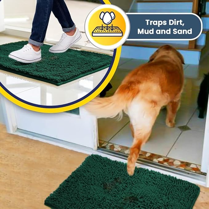 Muddy Mat® AS-SEEN-ON-TV Highly Absorbent Microfiber Dog Door Mat and Pet Rug, Non Slip Thick Washable Area and Bath Mat Soft Chenille for Kitchen Bathroom Bedroom and Indoor - Dark Green XXL 60"X48"
