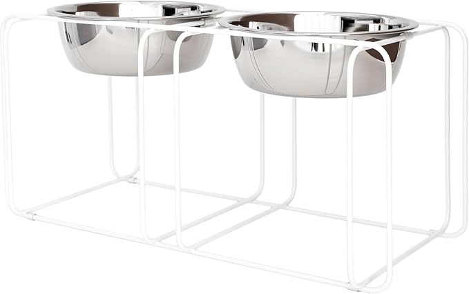 Wire & Dine Elevated Dog Bowls Stand for Medium & Large Sized Dogs - 2 Stainless Steel 8 Cup Dishes - Non-Skid, Modern Minimalist Design, Dishwasher Safe, White Frame Holder - Made in USA