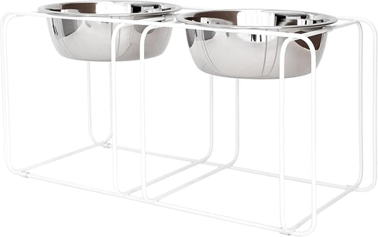 Wire & Dine Elevated Dog Bowls Stand for Medium & Large Sized Dogs - 2 Stainless Steel 8 Cup Dishes - Non-Skid, Modern Minimalist Design, Dishwasher Safe, White Frame Holder - Made in USA