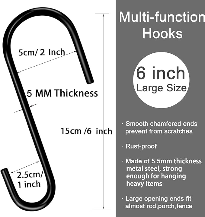 HiGift 6 Inches Large S Hooks Heavy Duty, Black S Shaped Fence Hanger Hooks for Hanging Plants,Wind Chimes,Gardening Tools,Lights,Pool Equipment,Bird Feeder,Bird House,Indoor Outdoor Use - 4 Pack