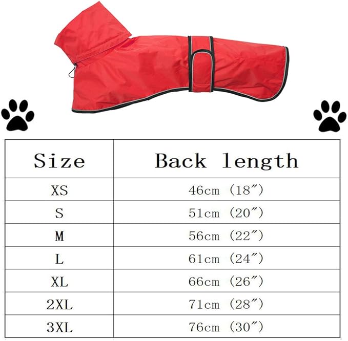 Dog Raincoat with Reflective Bar, Rain/Water Resistant, Adjustable Vest - Dog Raincoats for Greyhounds, Lurchers and Whippets - Red - XXL