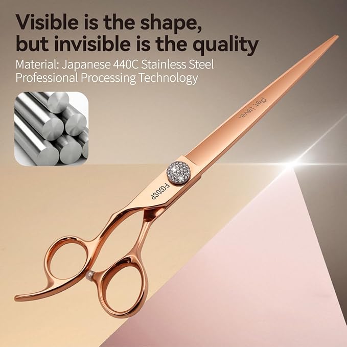 8'' Professional Left Handed Dog Grooming Scissors Straight Long Large Grooming Shears for Dogs Pet Rose Gold Titanium Japan 440C Lefty Hand Dog Hair Cutting Scissors for Poodle(8,Straight)
