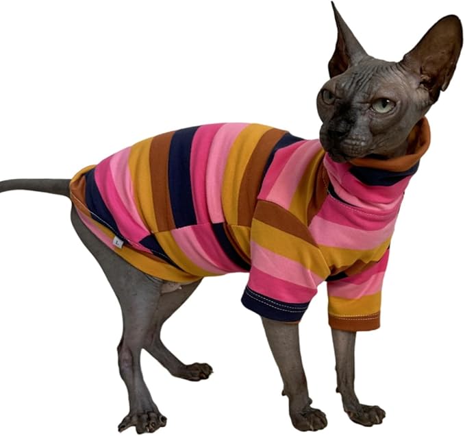 Vintage Stripes Sphynx Hairless Cats Shirt Cotton Cat Turtleneck Pet Clothes Kitten T-Shirts with Sleeves for Sphynx Cornish Rex, Devon Rex, Peterbald (Moning Glory, XX-Large (Pack of 1))