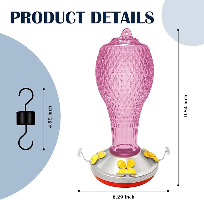 Hummingbird Feeder for Outdoors,17 OZ Glass Humming Bird Feeder for Garden,Backyard Decor,Four Flowers Feeding Ports,Leak Proof,Ant Moat Included,Humming Gifts for Women