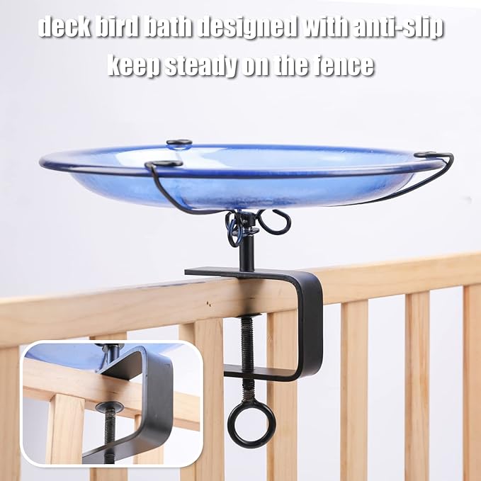 MUMTOP Deck Mounted Bird Bath, Glass Bird Baths Bowl Spa with Adjustable Sturdy Steel Clamp for Outdoor Garden Patio Lawn Yard Deck Railing Decoration, Blue