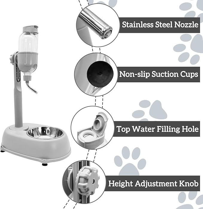Fhiny Dog Water Feeder Bottle with Stand, Dispenser Automatic Water Food Bowl for Cage Leak-Proof No-Drip Adjustable Raised Pet Slow Water Bottle Dog Kennel Durable Drinker Container