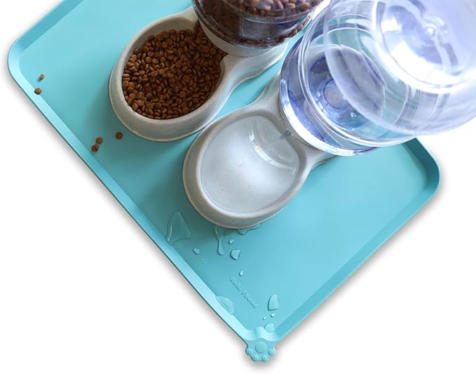 Hoki Found Large Silicone Pet Food Mats - Non Slip Bowl Placemats - Waterproof Dog Cat Food Mats For Floors - Glacier