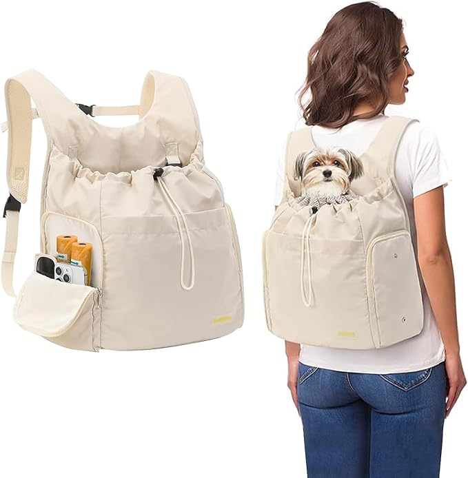 Dog Front Carrier Backpack, Adjustable Pet Cat Chest Ventilated Dog Carrier for Hiking Camping Travel, Ventilated Mesh Dog Travel Backpack(Off White)