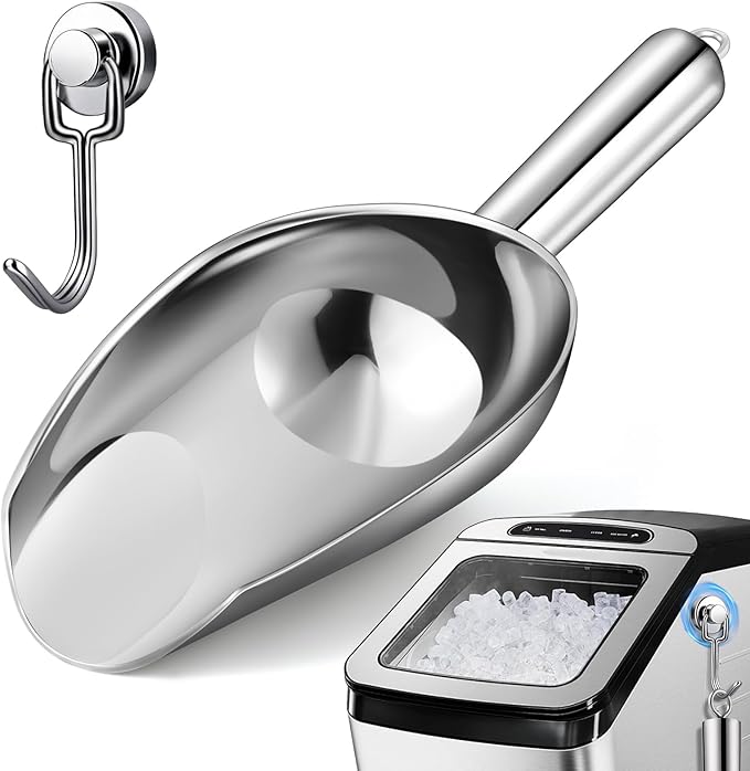 18oz Stainless Steel Ice Scoop for Freezer with Magnetic Hook– Dishwasher Safe Ice Scooper for Ice Machine with Long Handle – Metal Scoop for Ice Bucket, Dog Food, Flour, Canisters
