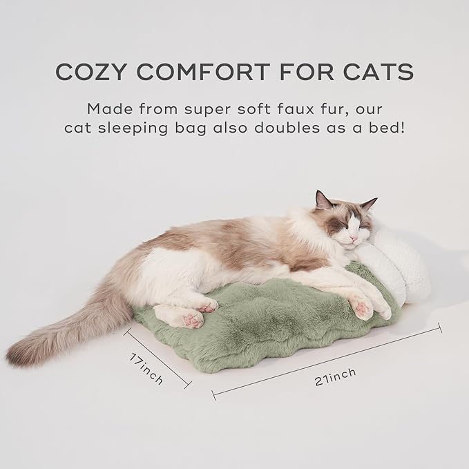 Cat Sleeping Bags for Indoor Cats Self Warming Cat Bed Fits up to 15 lbs Pets Soft Plush Warm Bed 360° Wrap Bag Washable Comfortable Pet Sleeping Bed 21" × 17" Green